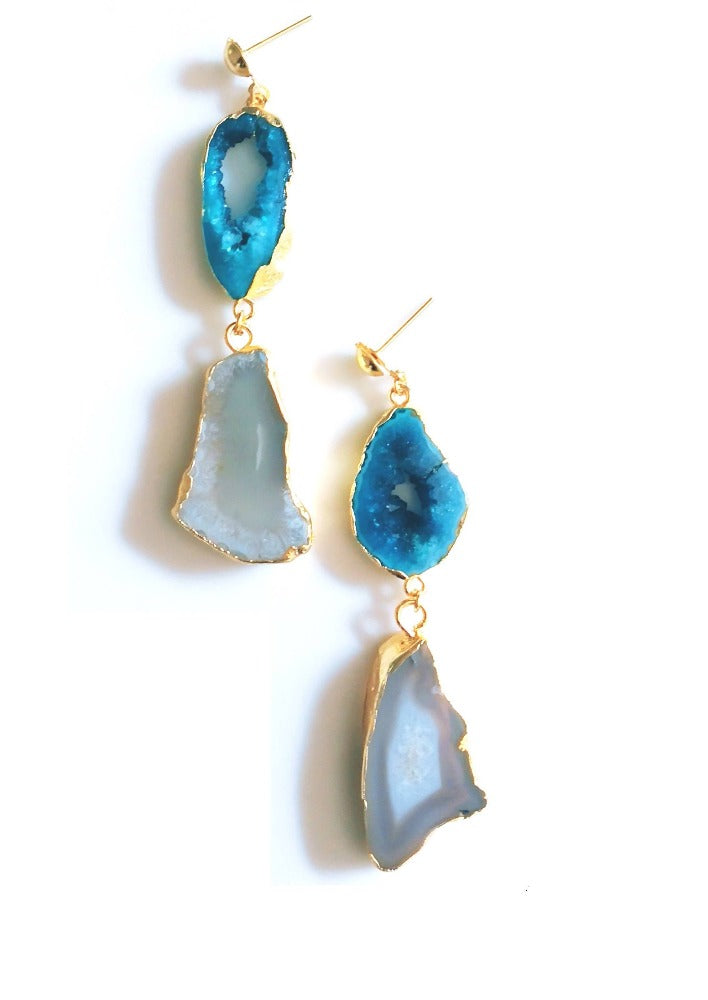 Bling Accessories Aqua / Ivory Agate Natural Stone Statement Earrings | Swadesiicart
