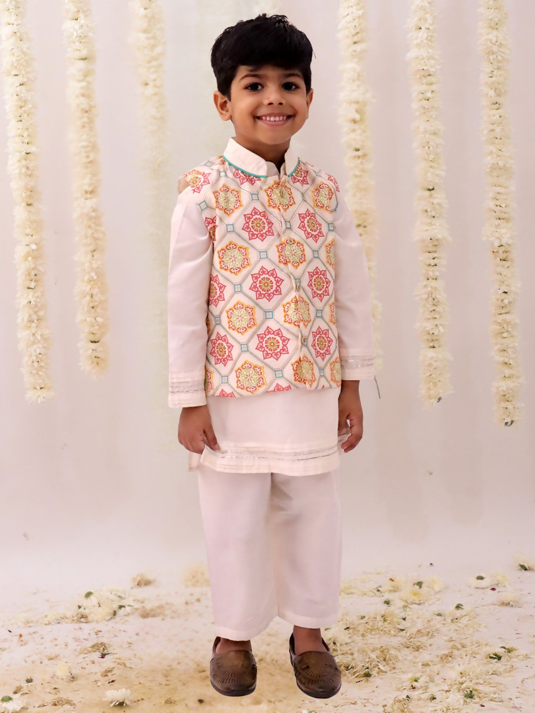 Lil Drama Mishti White Kurta Pyjama and Jacket For Boys | Swadesiicart
