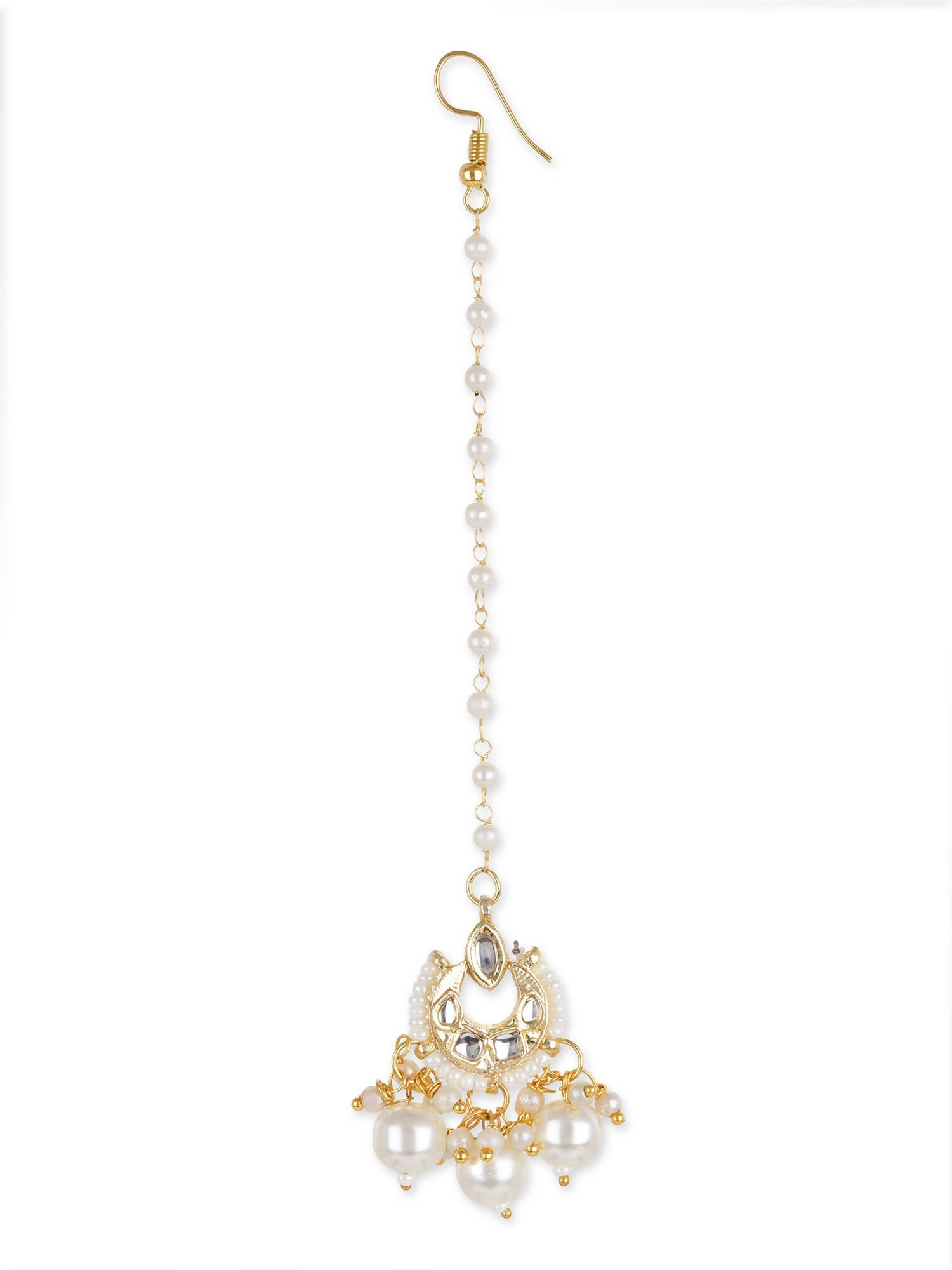 Gold-Polished White Kundan-Studded Beaded Layered Maang Tikka - Ruby Raang | Swadesiicart
