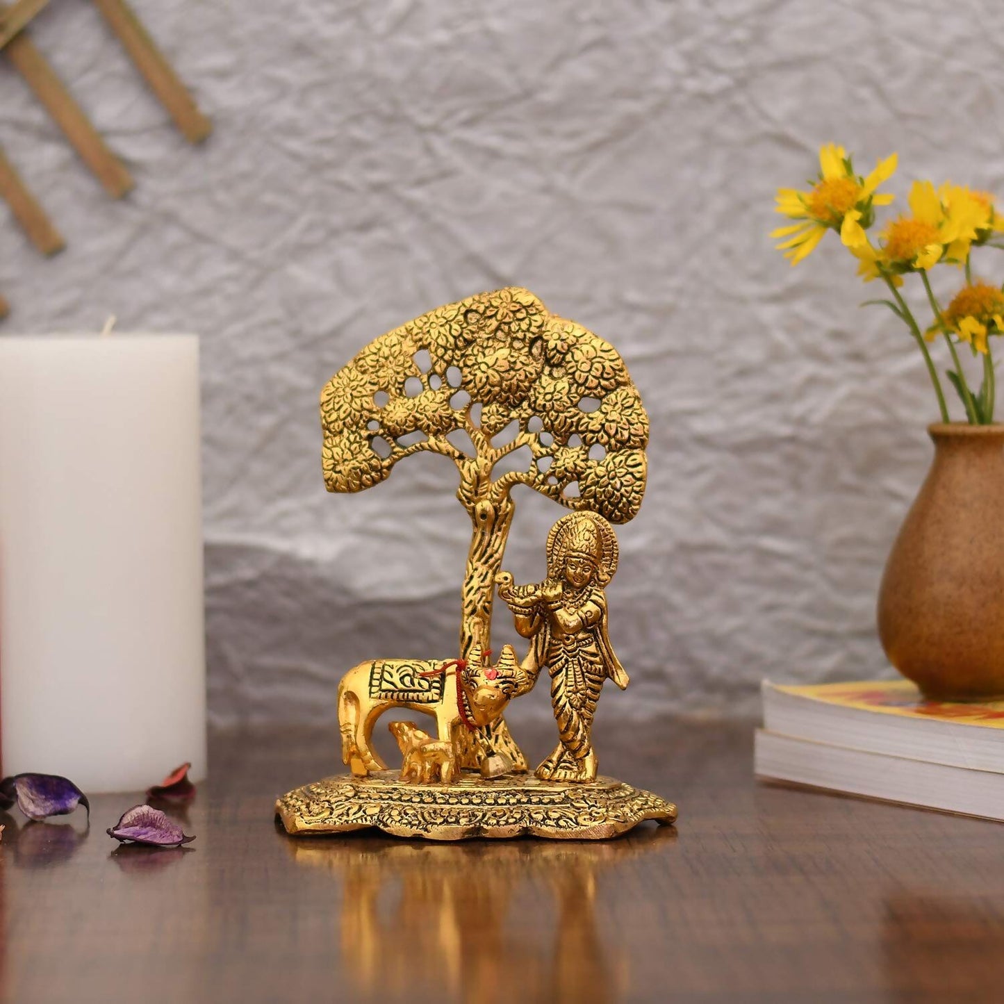 Collectible India Gift Items Metal Krishna Idol Murti With Kamdhenu Cow - Swadesiicart
