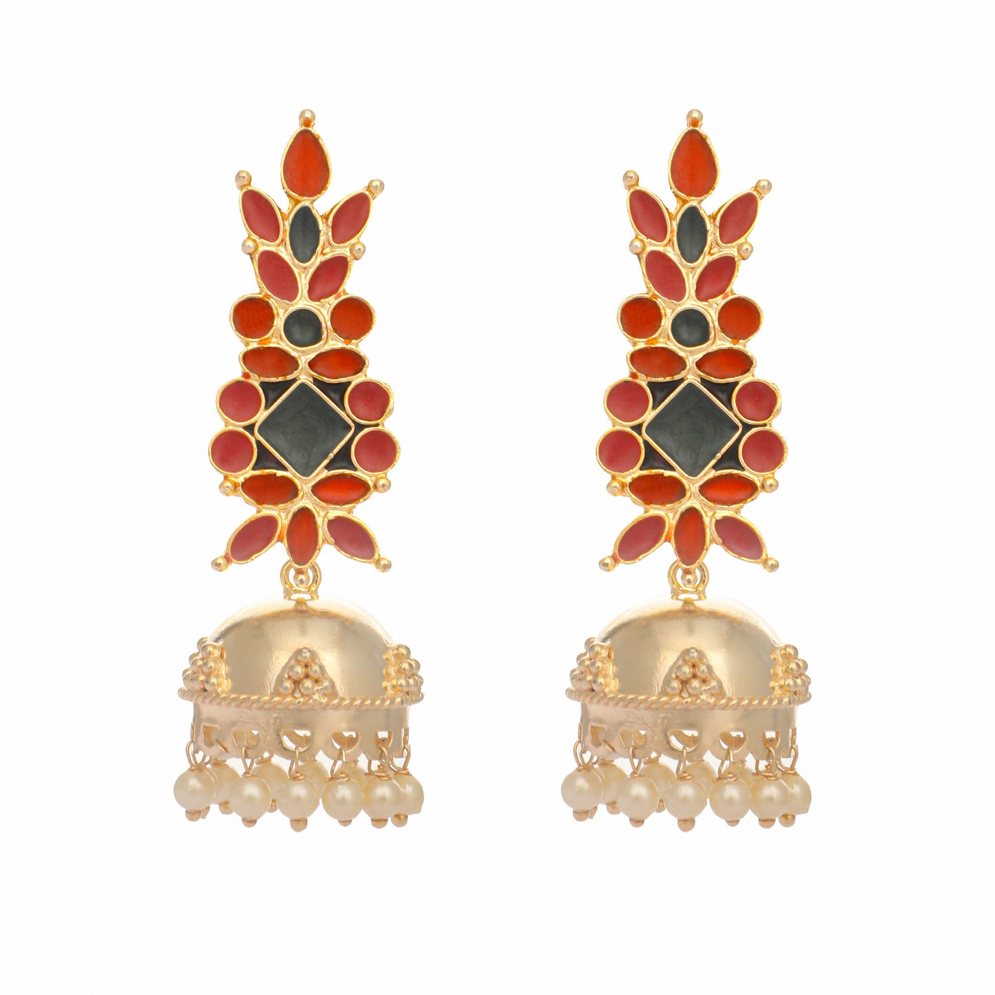Nuyug 22K Gold-Plated Enamel & Beaded Dome Shaped Jhumka Earrings | Swadesiicart