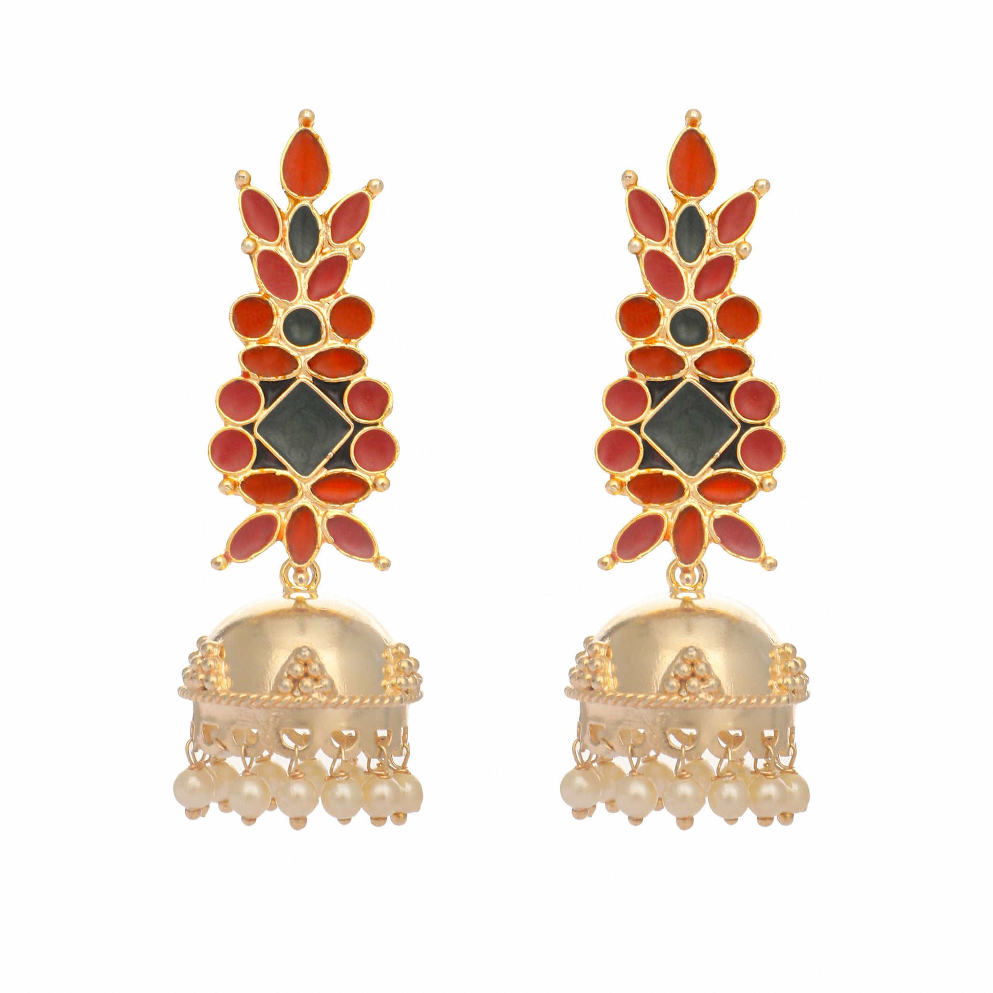 Nuyug 22K Gold-Plated Enamel & Beaded Dome Shaped Jhumka Earrings | Swadesiicart