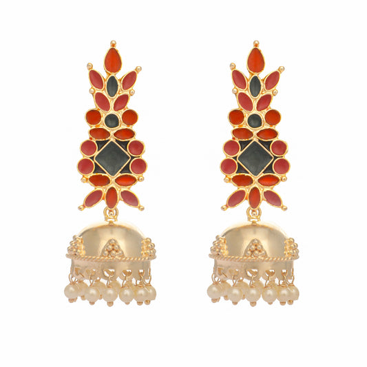 Nuyug 22K Gold-Plated Enamel & Beaded Dome Shaped Jhumka Earrings | Swadesiicart