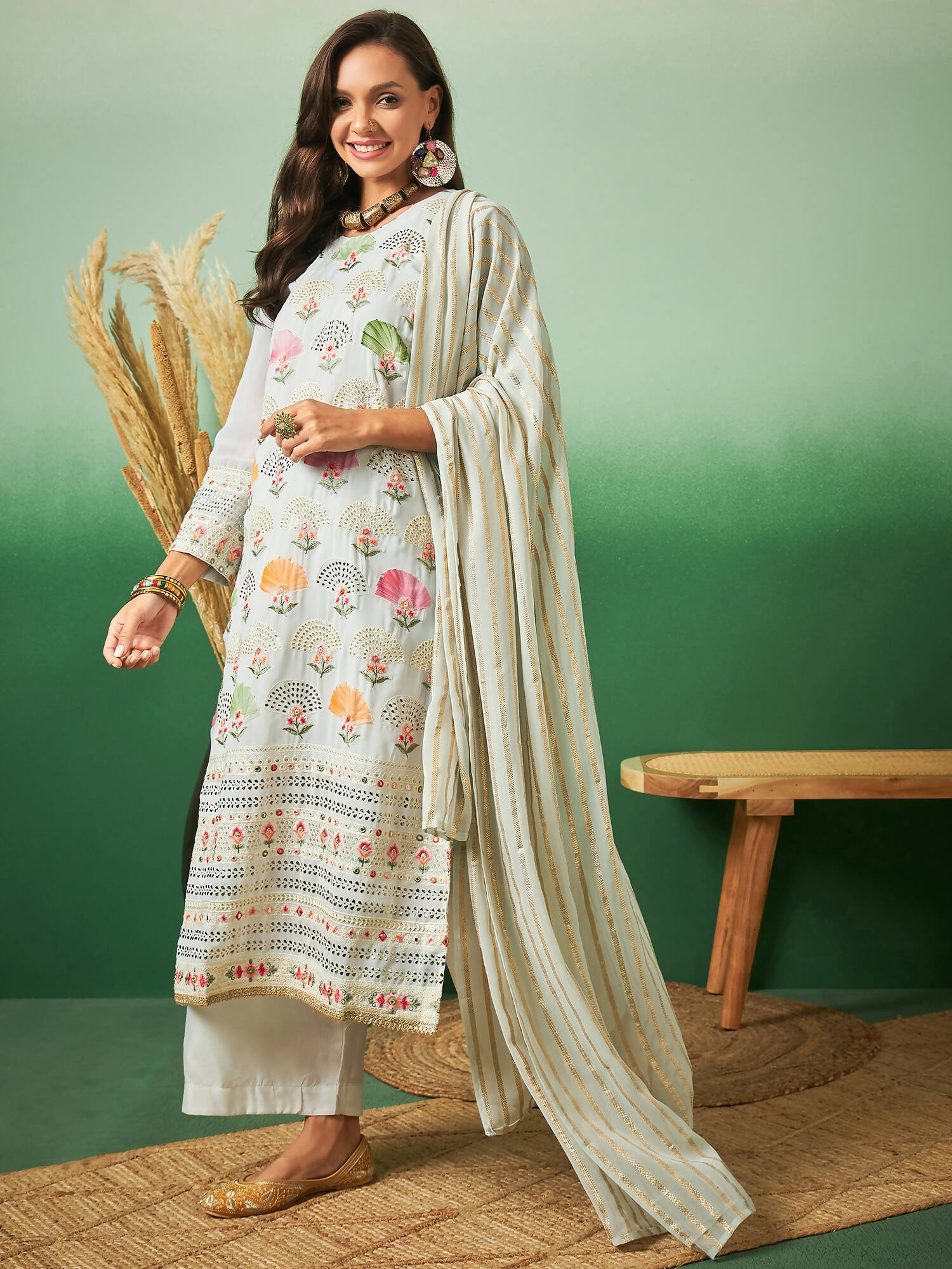 Light Blue Georgette Handwork Unstitched Dress Material - Hanika | Swadesiicart