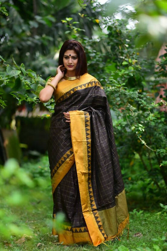 Vishnu Weaves Women's Dark Coffee Raw Silk Checks Zari Woven Saree with Unstitched Blouse - Swadesiicart