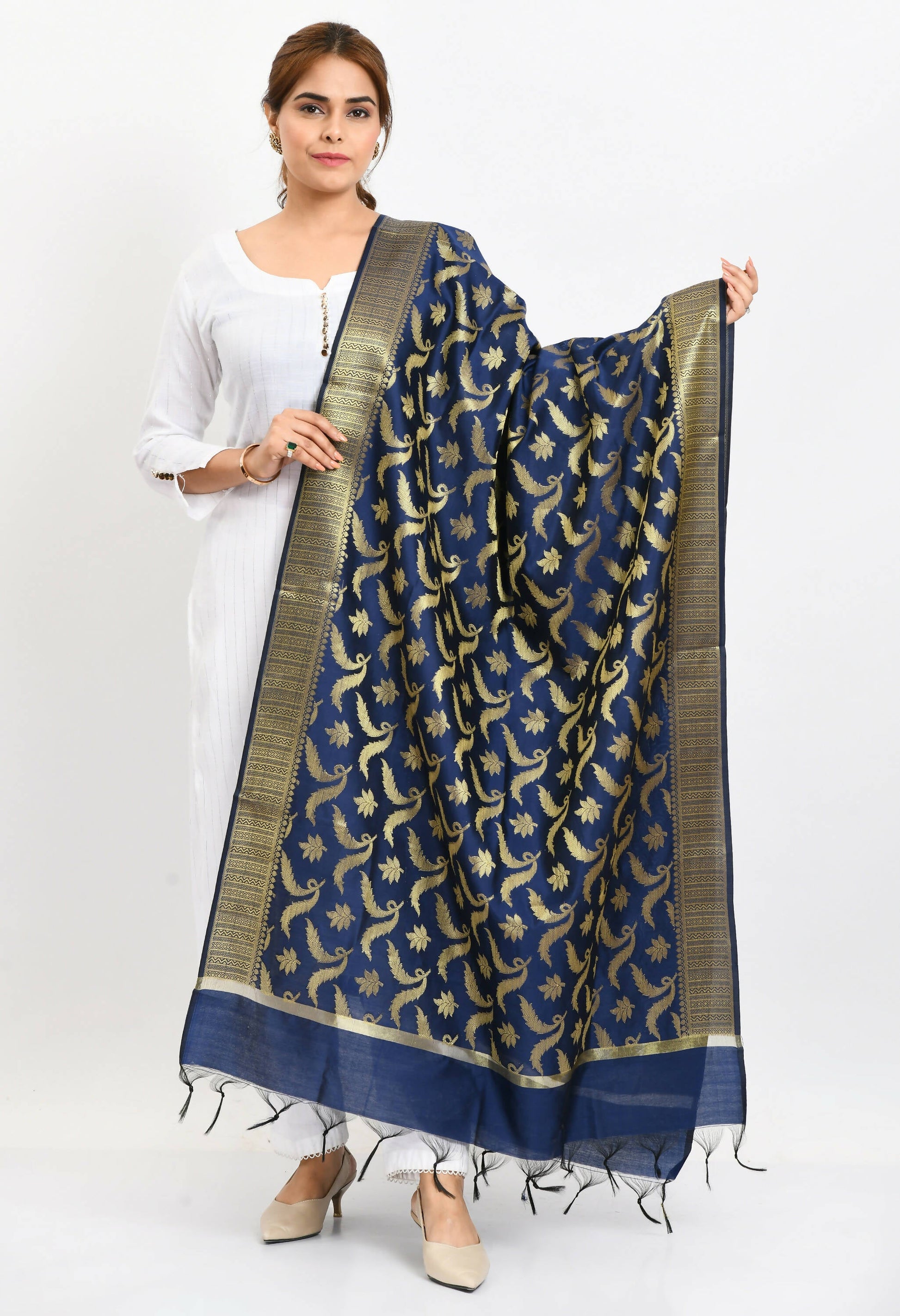 Mominos Fashion Moeza Women's Banarsi Silk Floral Woven Design Navy Blue Dupatta - Mominos Fashion
