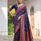 Vishnu Weaves Women's Navy-Blue Silk Woven Saree with Blouse - Swadesiicart