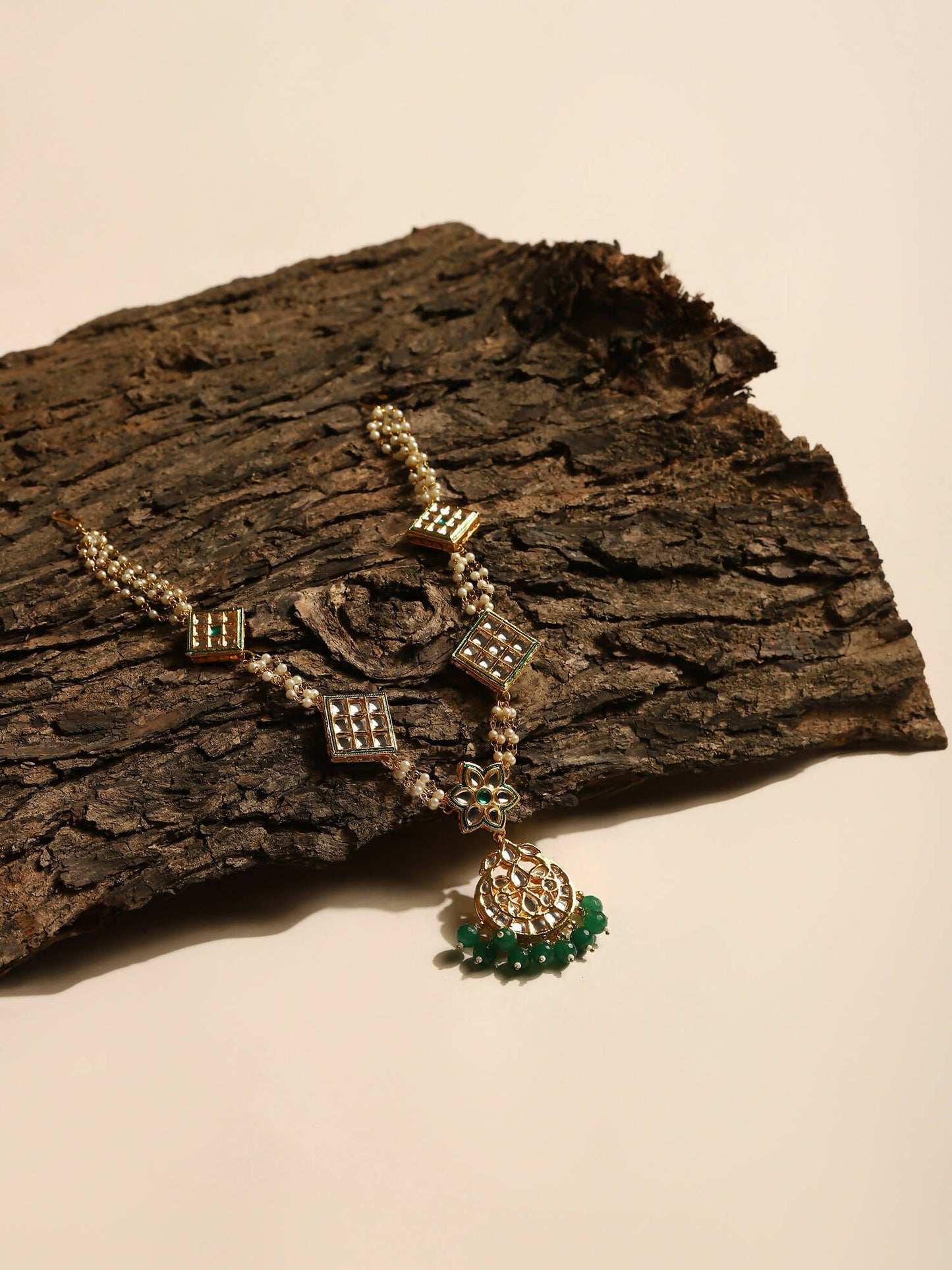 Gold-Polished White Green Kundan-Studded Pearl Beaded Matha Patti - Ruby Raang | Swadesiicart