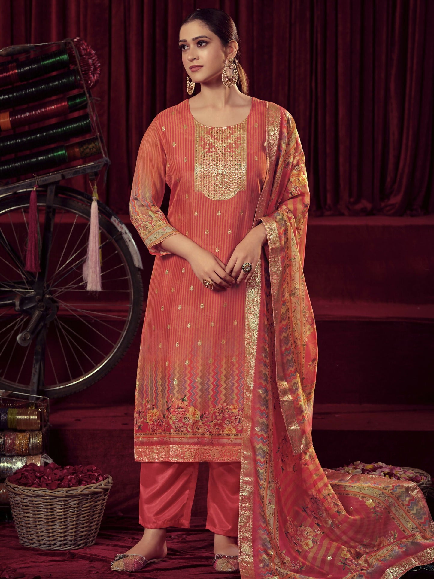 Jyoti Fashion Women's Orange Organza Jacquard Woven Kurta with Trouser & Dupatta | Swadesiicart