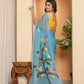 Exclusive Collection Beautiful Light Sky Pure Cotton Hand Print Handloom Saree With Running Blouse Piece - Swadesiicart