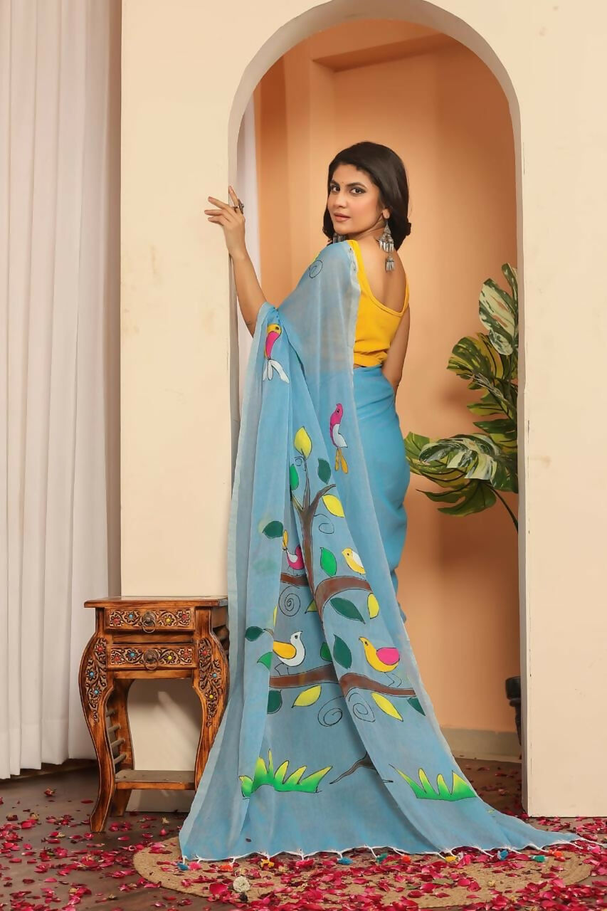 Exclusive Collection Beautiful Light Sky Pure Cotton Hand Print Handloom Saree With Running Blouse Piece - Swadesiicart