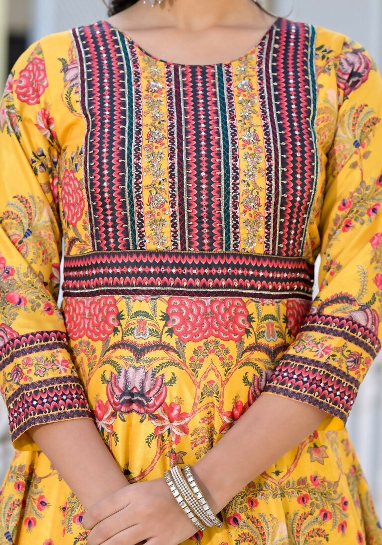 Partywear Designer Yellow Dola Silk Anarkali suit with Dupatta - Suzen - Swadesiicart