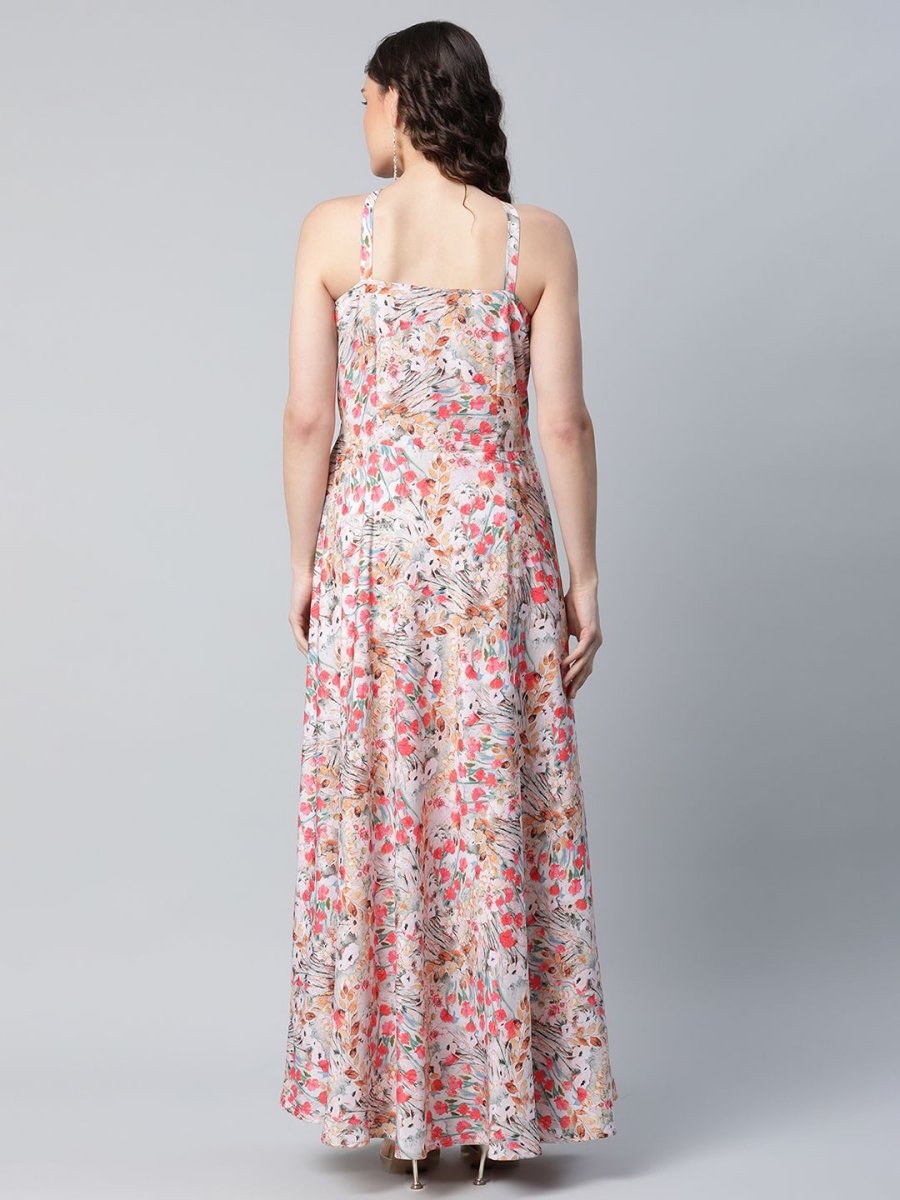 Ahalyaa Women Crepe Printed Classic White Romantic Florals Dress | Swadesiicart