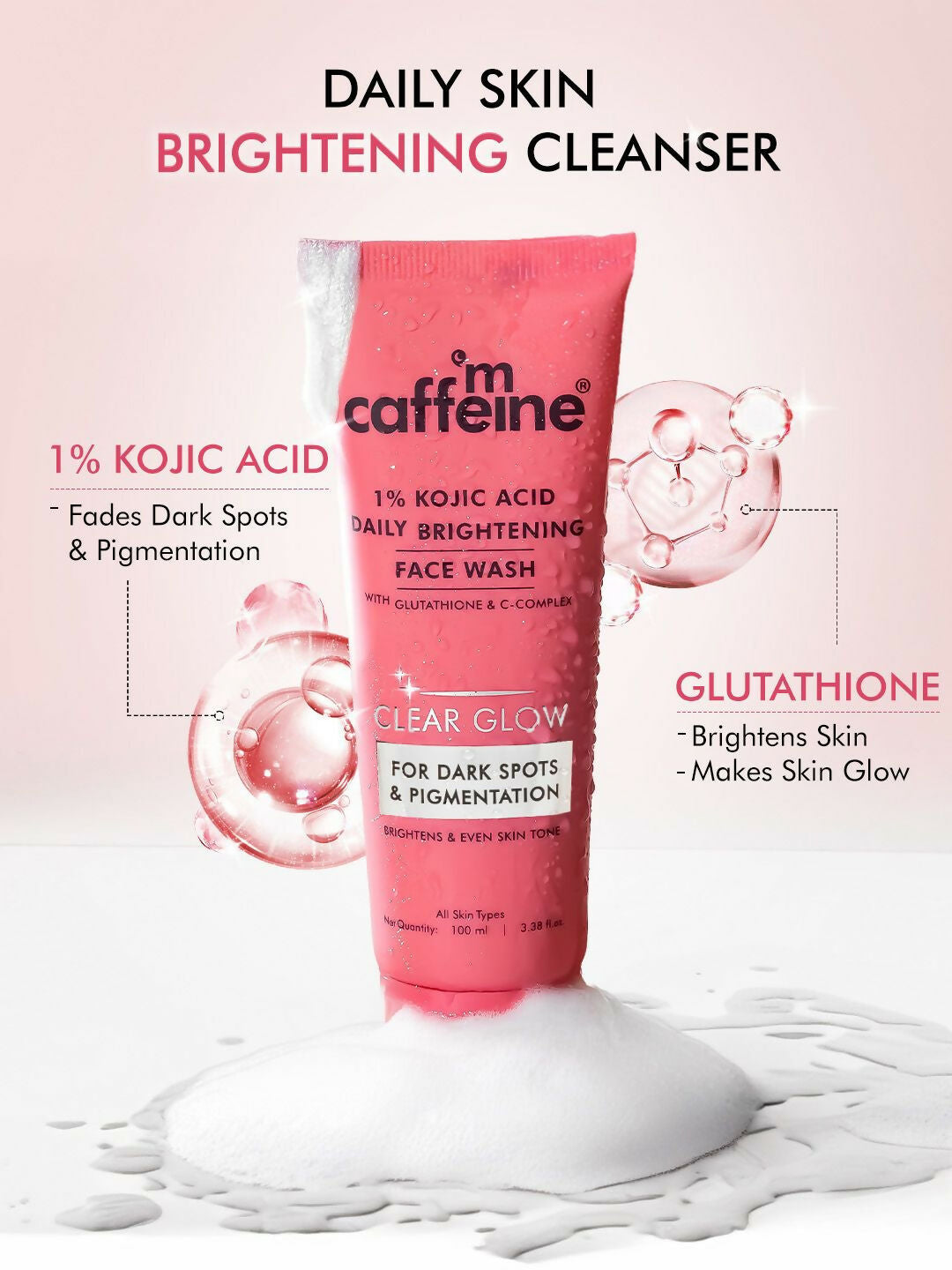 mCaffeine Clear Glow 1% Kojic Acid Daily Brightening Face Wash For Dark Spots & Pigmentation - Swadesiicart
