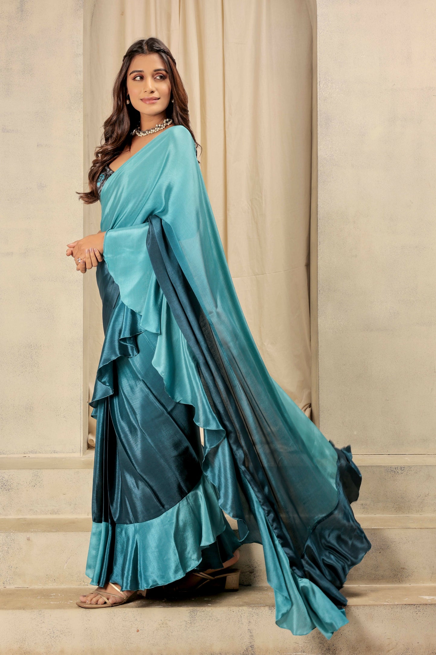 Blue Satin Solid Designer, Printed Party Wear Ready To Wear Saree - Nasreen | Swadesiicart