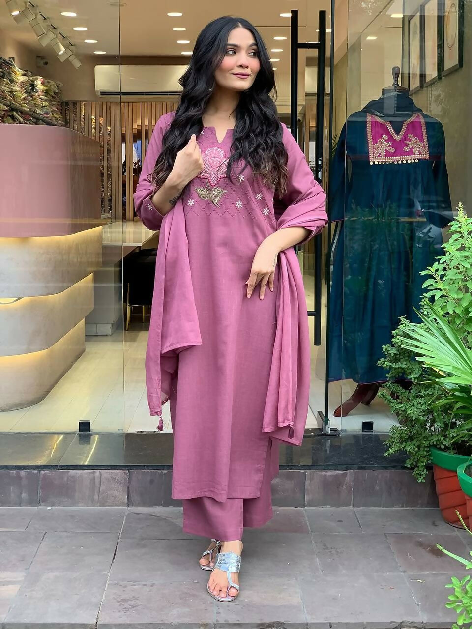 The52 Peach Women's Gorgeous Embroidered Cotton Fabric Straight Kurta Pant with Dupatta Set - Swadesiicart