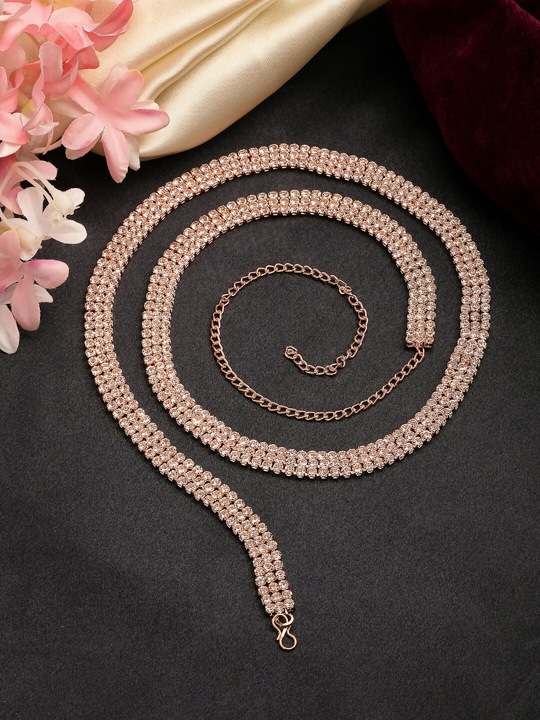 NVR Women's Rose Gold-Polished AD-Studded 3 Layered Kamarbandh Waist Chain | Swadesiicart