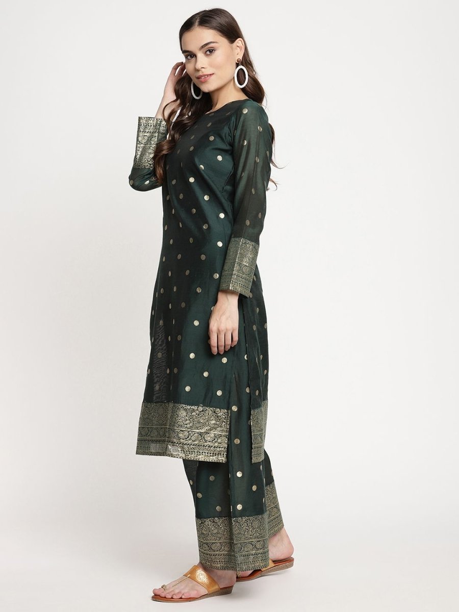 Ahalyaa Dark Green Gold Print Kurta Palazzo Set With Dupatta | Swadesiicart