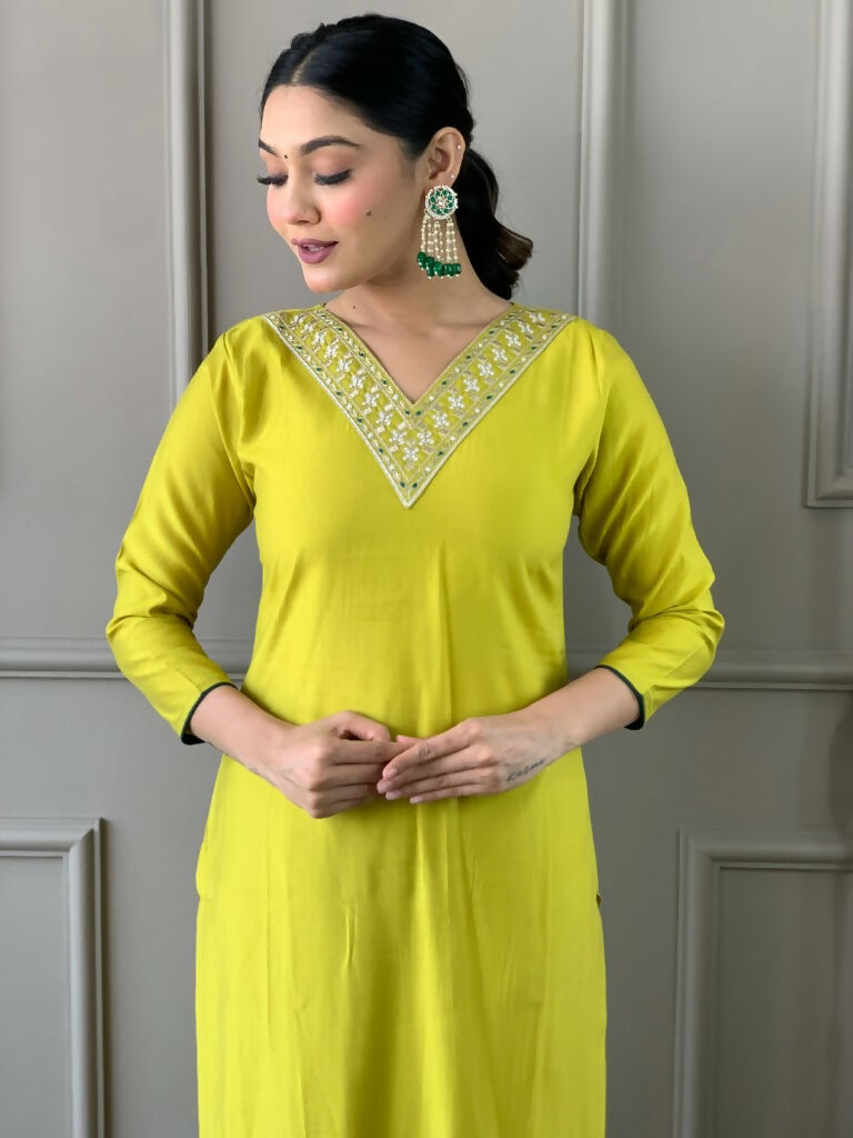Partywear Designer Lemon Yellow Viscos Chanderi Stitched Suit With Dupatta - Tanisha | Swadesiicart