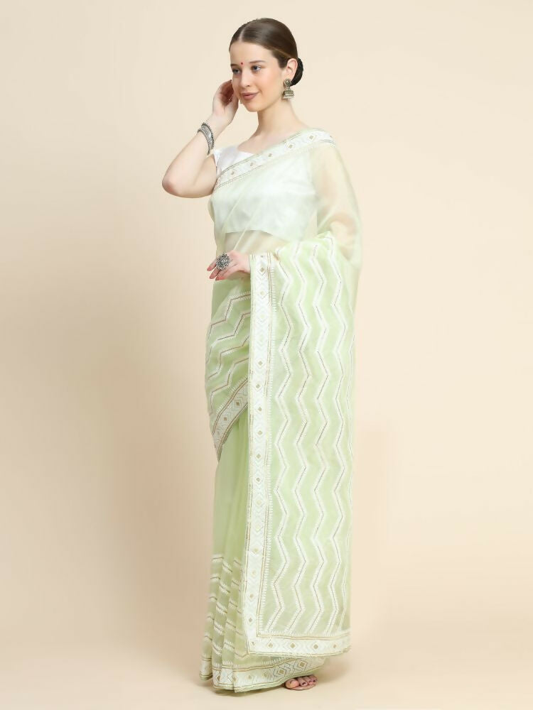 Vamsee Banno Lehriya Yellow Organza Saree - Swadesiicart