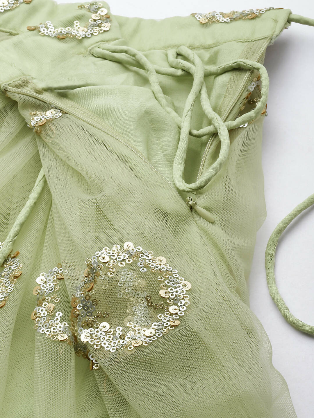 House of Panchhi Lime Green Net Embroideried Round Sequins Lehenga | Swadesiicart