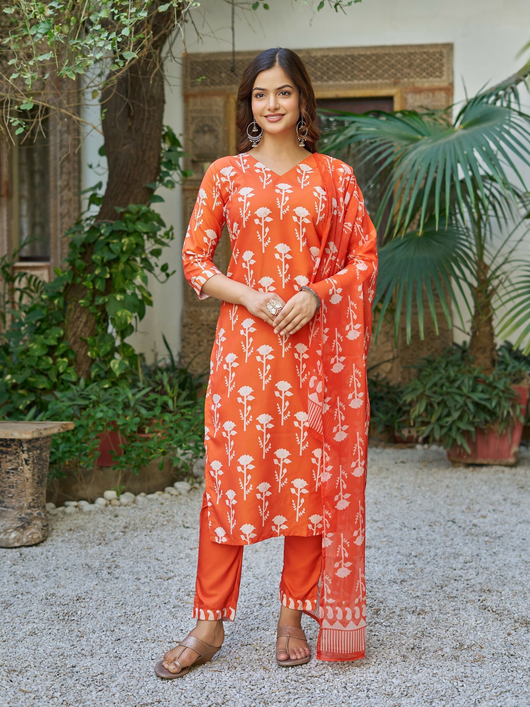 The52 Orange Women's Beautiful Cotton Blend Fabric Printed Work Straight Kurta, Pant and Dupatta Set - Swadesiicart