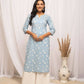 FIORRA Women's Floral Printed Sky Blue Cotton Straight Kurta - Swadesiicart