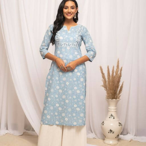 FIORRA Women's Floral Printed Sky Blue Cotton Straight Kurta - Swadesiicart