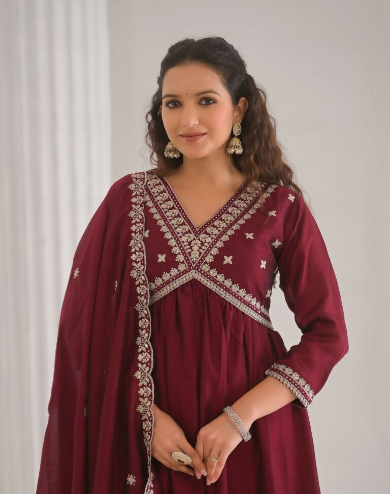 Ethnic Festive Wear Vichitra Silk Wine Stitched Suit With Dupatta - Tanisha | Swadesiicart
