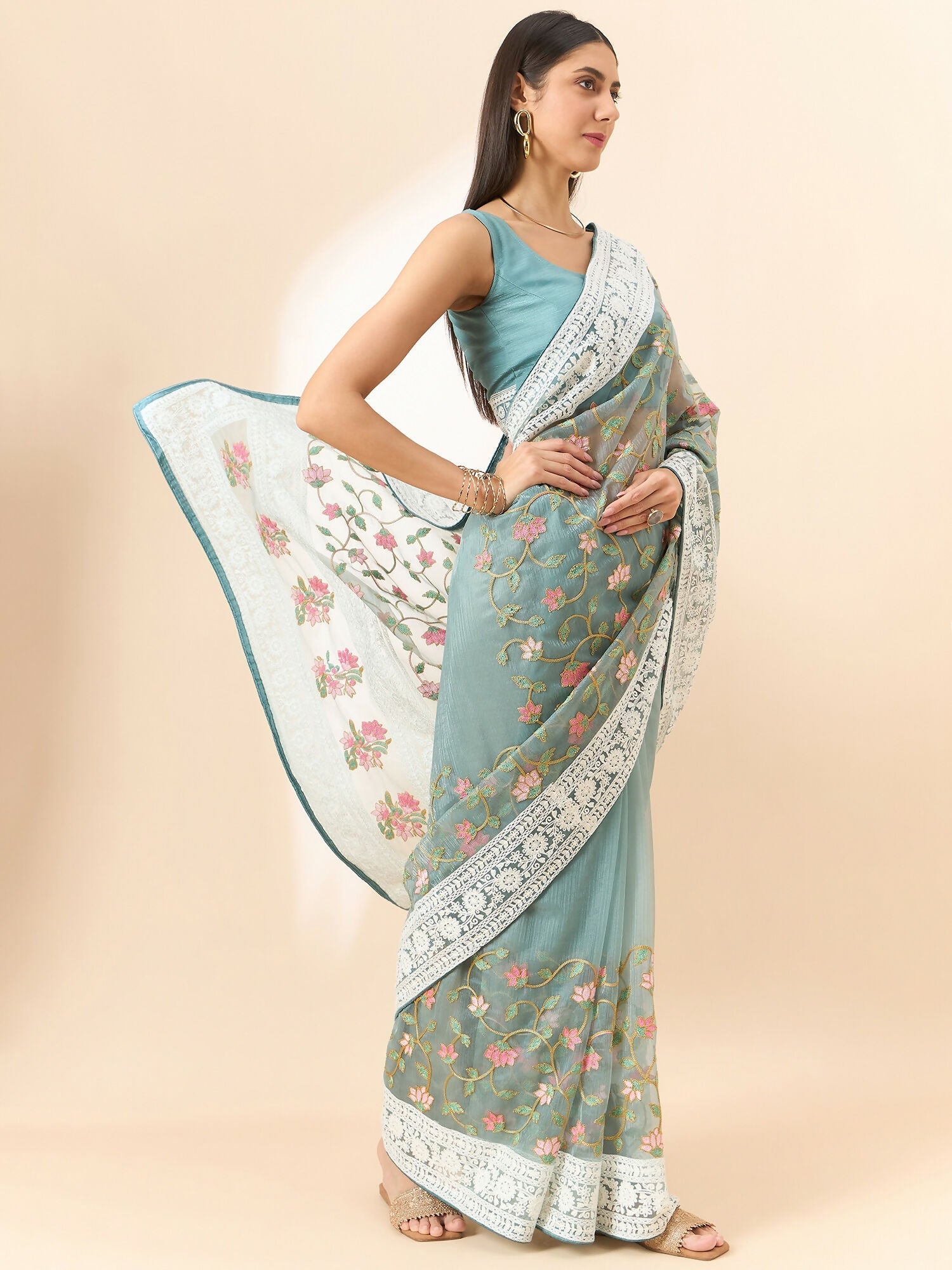 Blue Organza Floral Embroidered Saree with Unstitched Blouse Piece - Roozal