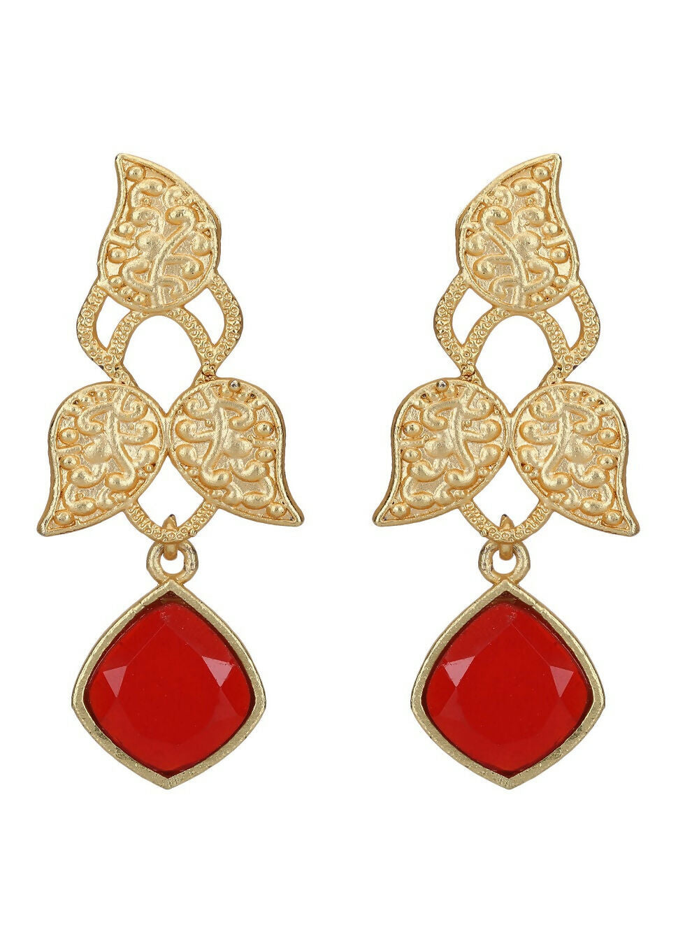 Joban Fashion Women Red Stone Matte Gold Earrings | Swadesiicart