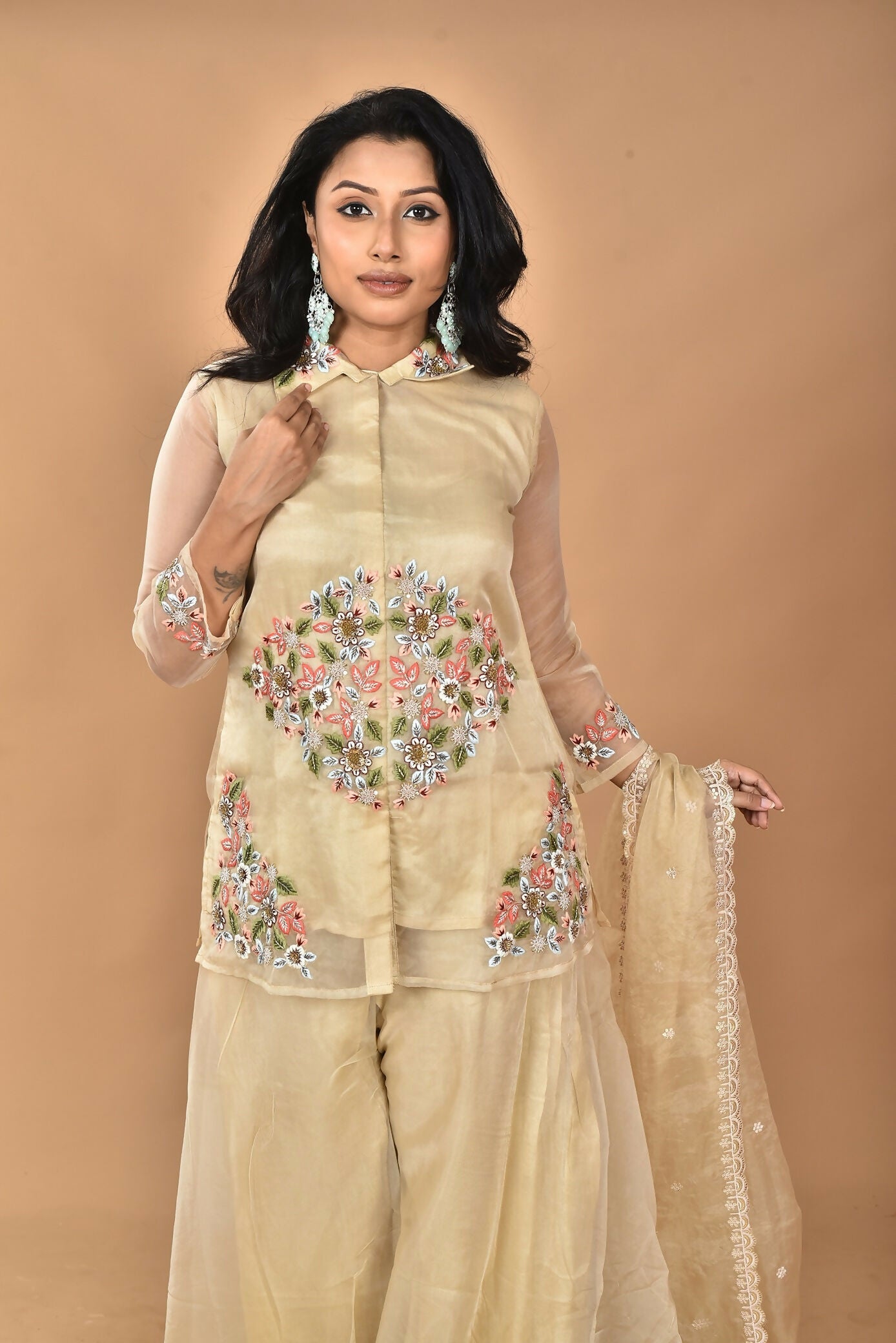 Morchari Women And Hand Embroidery Palazzo Set-Beige - Swadesiicart