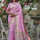 Vishnu Weaves Women's Baby Pink Banarasi Silk Zari Woven Paithani Saree with Unstitched Blouse - Swadesiicart