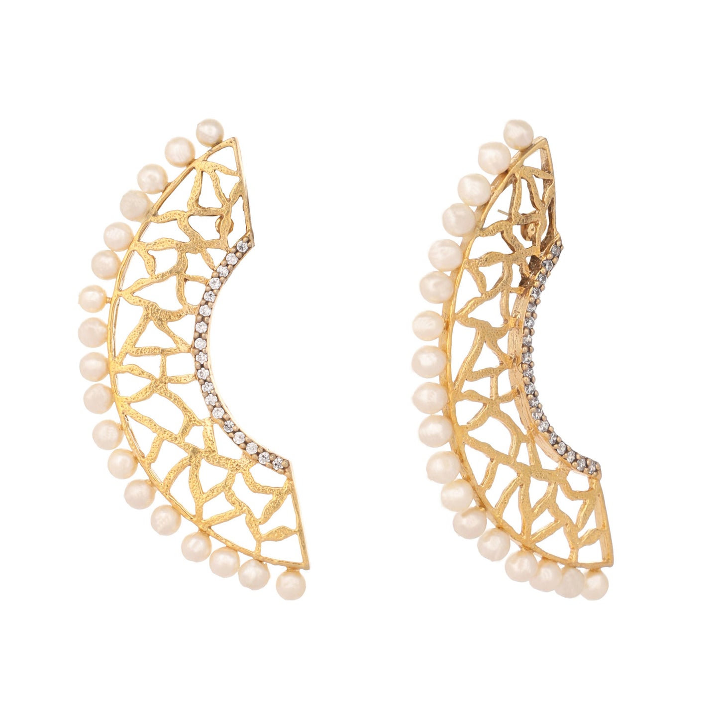 Nuyug 22K Gold-Plated Zircon Studded & Pearl Beaded Contemporary Shaped Statement Stud Earrings | Swadesiicart