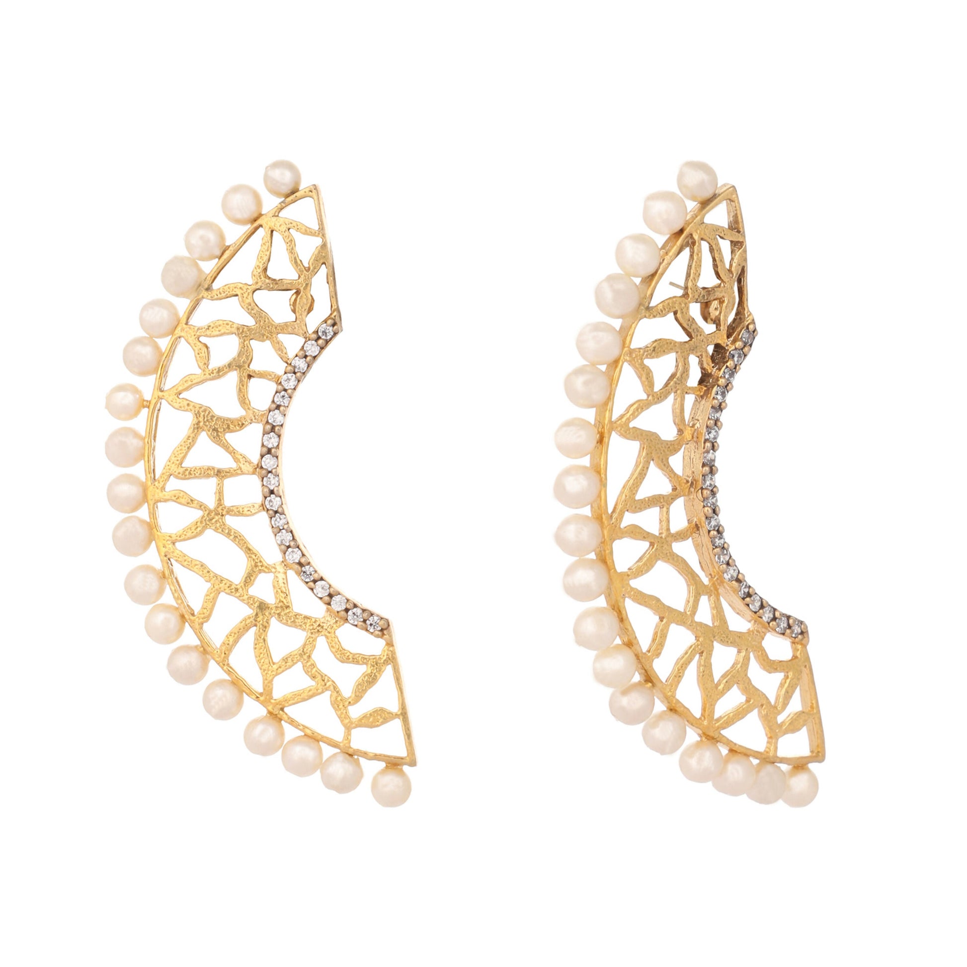 Nuyug 22K Gold-Plated Zircon Studded & Pearl Beaded Contemporary Shaped Statement Stud Earrings | Swadesiicart