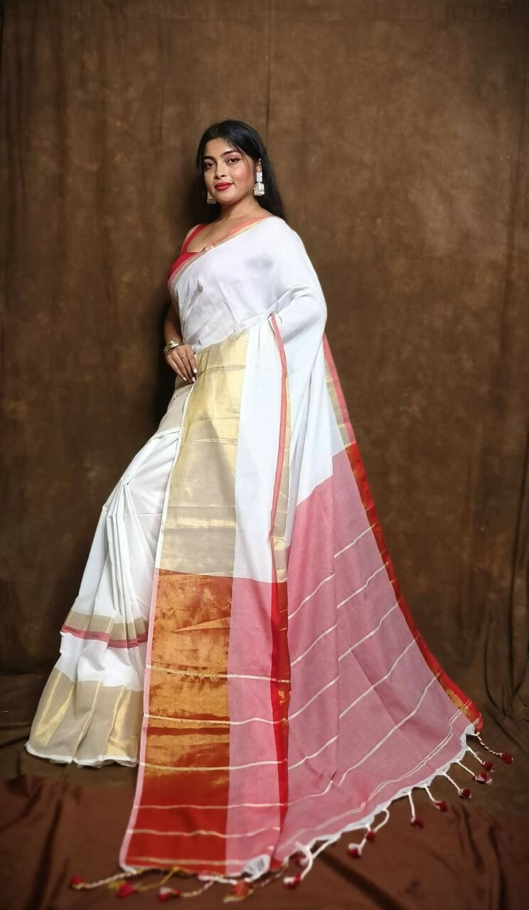 Exclusive Collection White Red Pure Cotton Handloom Gorgeous Saree - Swadesiicart
