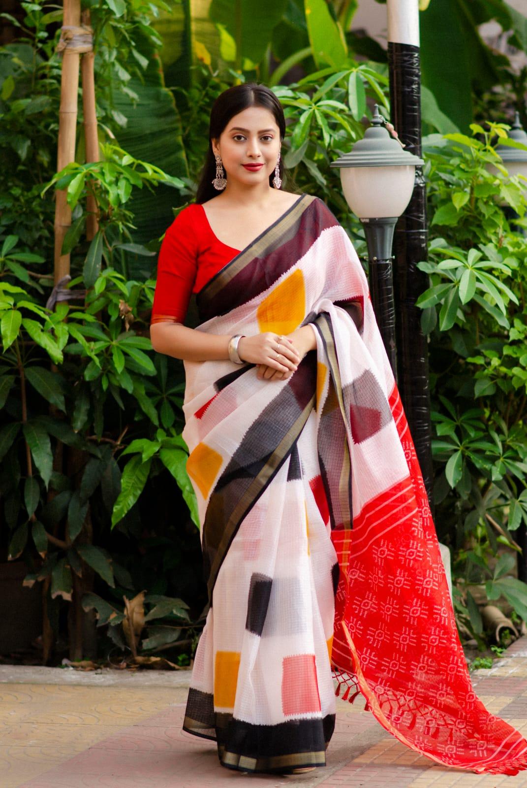 White Polycotton Ethnic Motifs Saree with Unstitched Blouse - Hiral Fashion | Swadesiicart