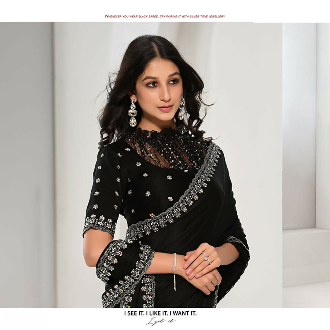Black Crepe Satin Silk Sequence & Handwork Saree With Unstitched Blouse - Norita Saanjh
