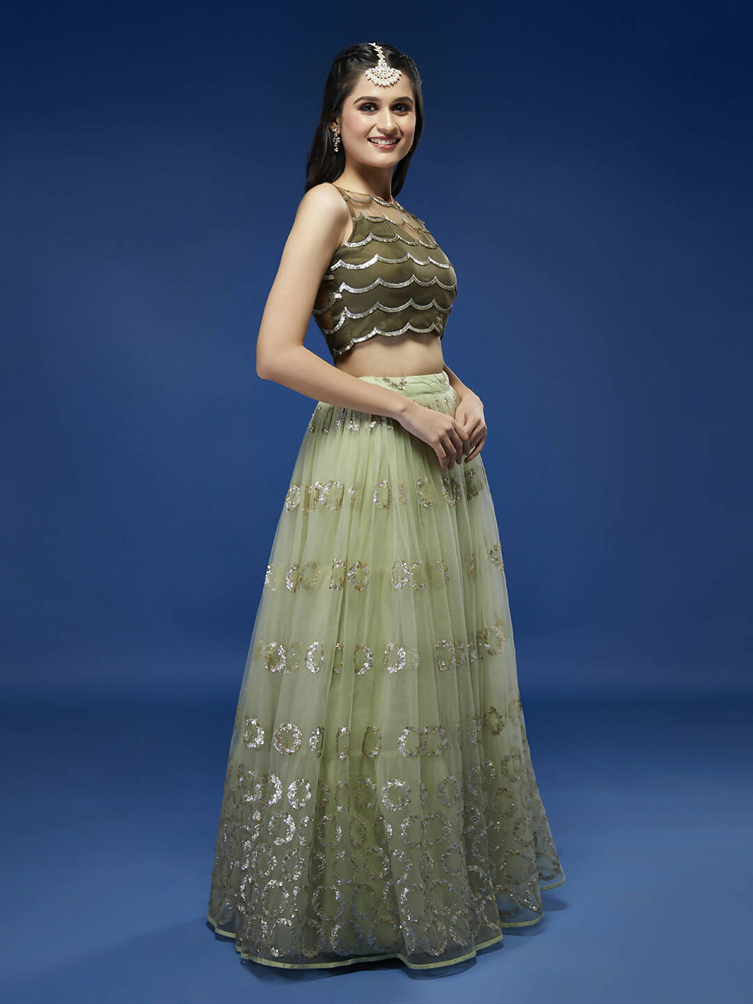 House of Panchhi Lime Green Net Embroideried Round Sequins Lehenga | Swadesiicart