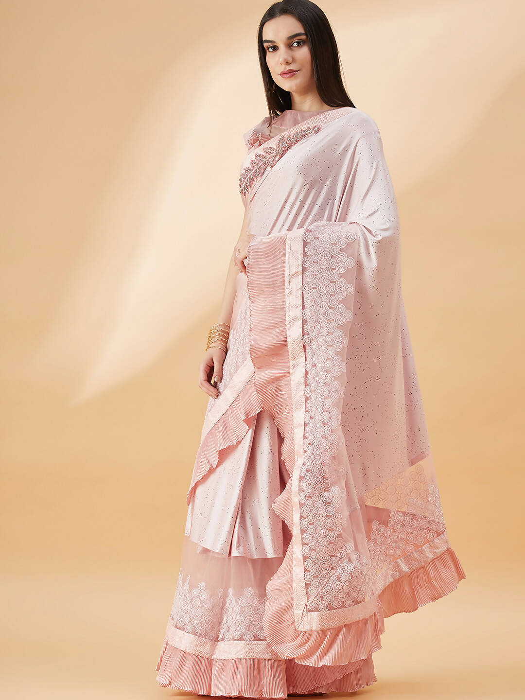 Pink Lycra Frill Details, Hand Embroidered Brooch Saree - Norita Hit Design - Swadesiicart