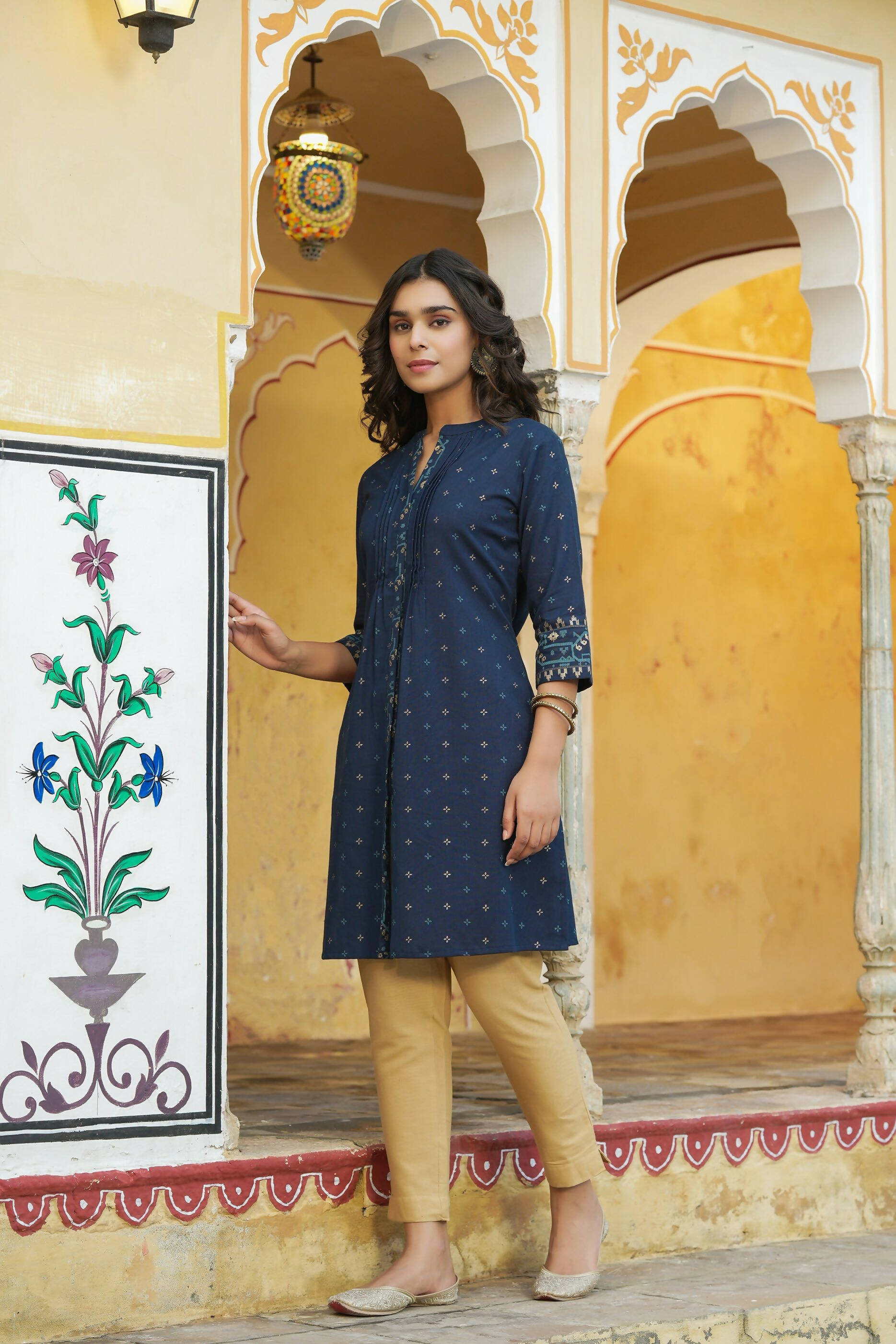 Juniper Women's Blue Cotton Flex Printed A-Line Kurta | Swadesiicart