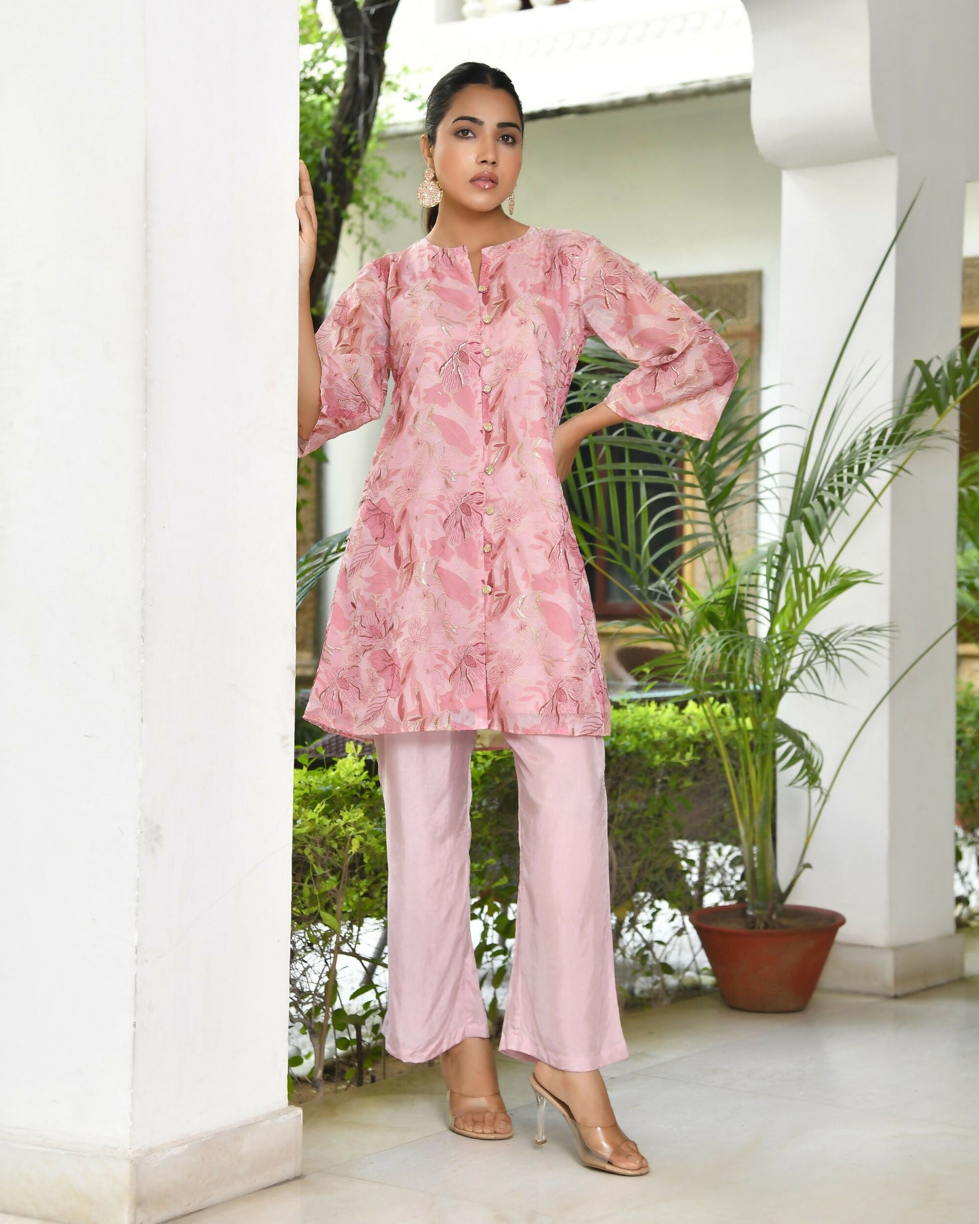 Vaasva Women's Pink Organza Digital Printed Cord Set - Swadesiicart
