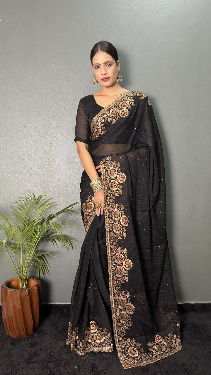 Vastranavya Black Rangoli Silk Zari work with DMC Swarovski work Ready to Wear Saree | Swadesiicart
