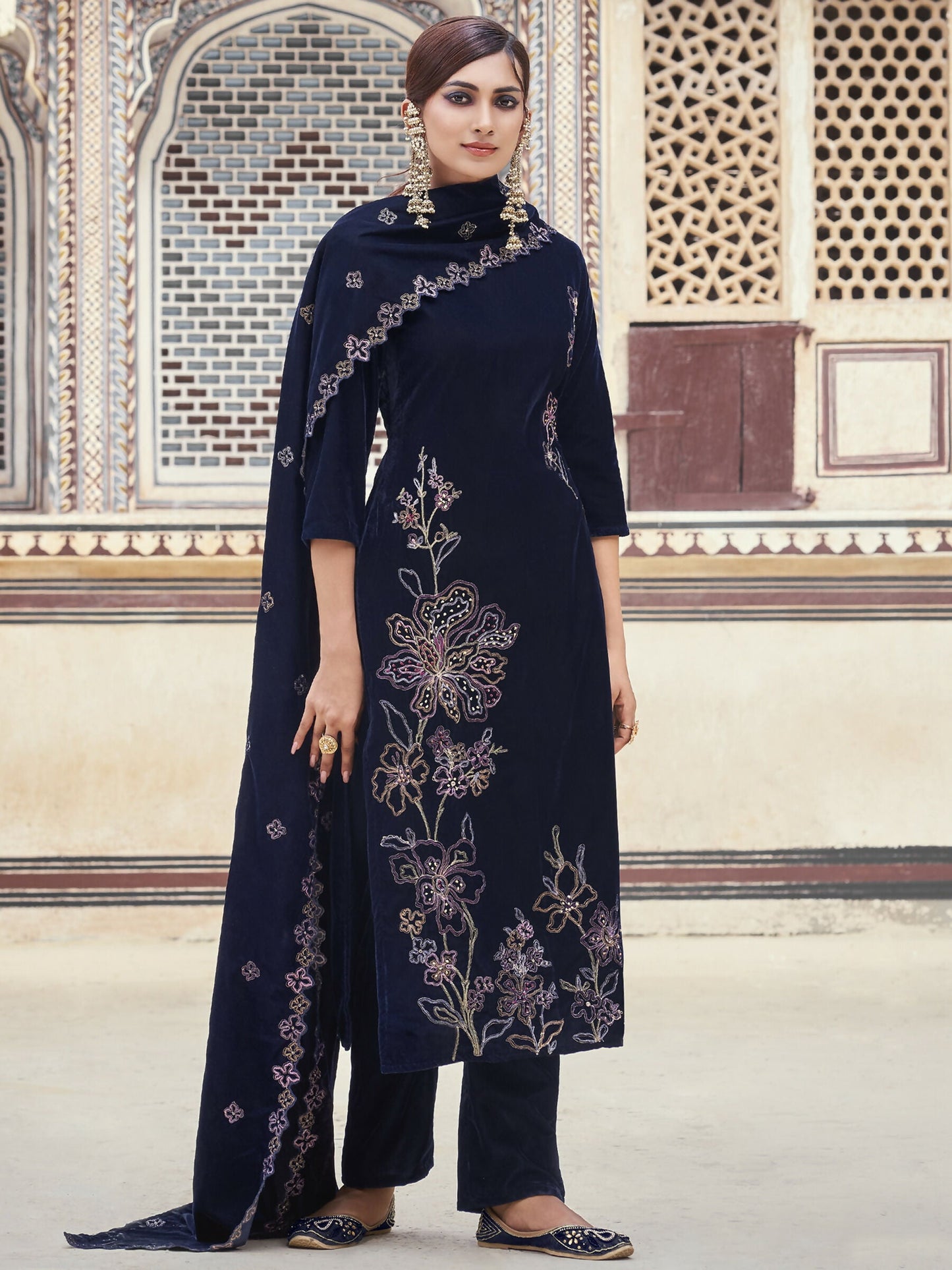 Jyoti Fashion Women's Navy Blue Velvet Resham Thread with Jari & Sequin Kurta with Trouser & Dupatta | Swadesiicart