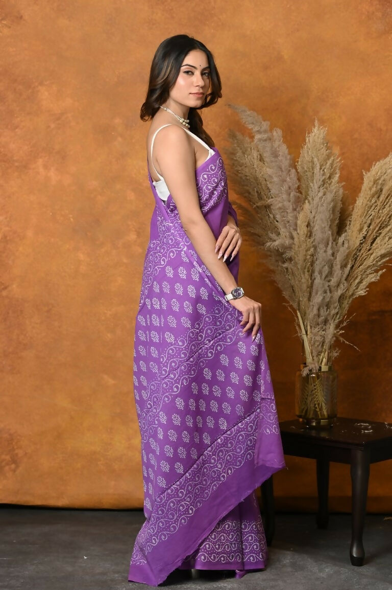 Very Much Indian Handblock Printed Cotton Saree With Natural Dyes - Purple | Swadesiicart
