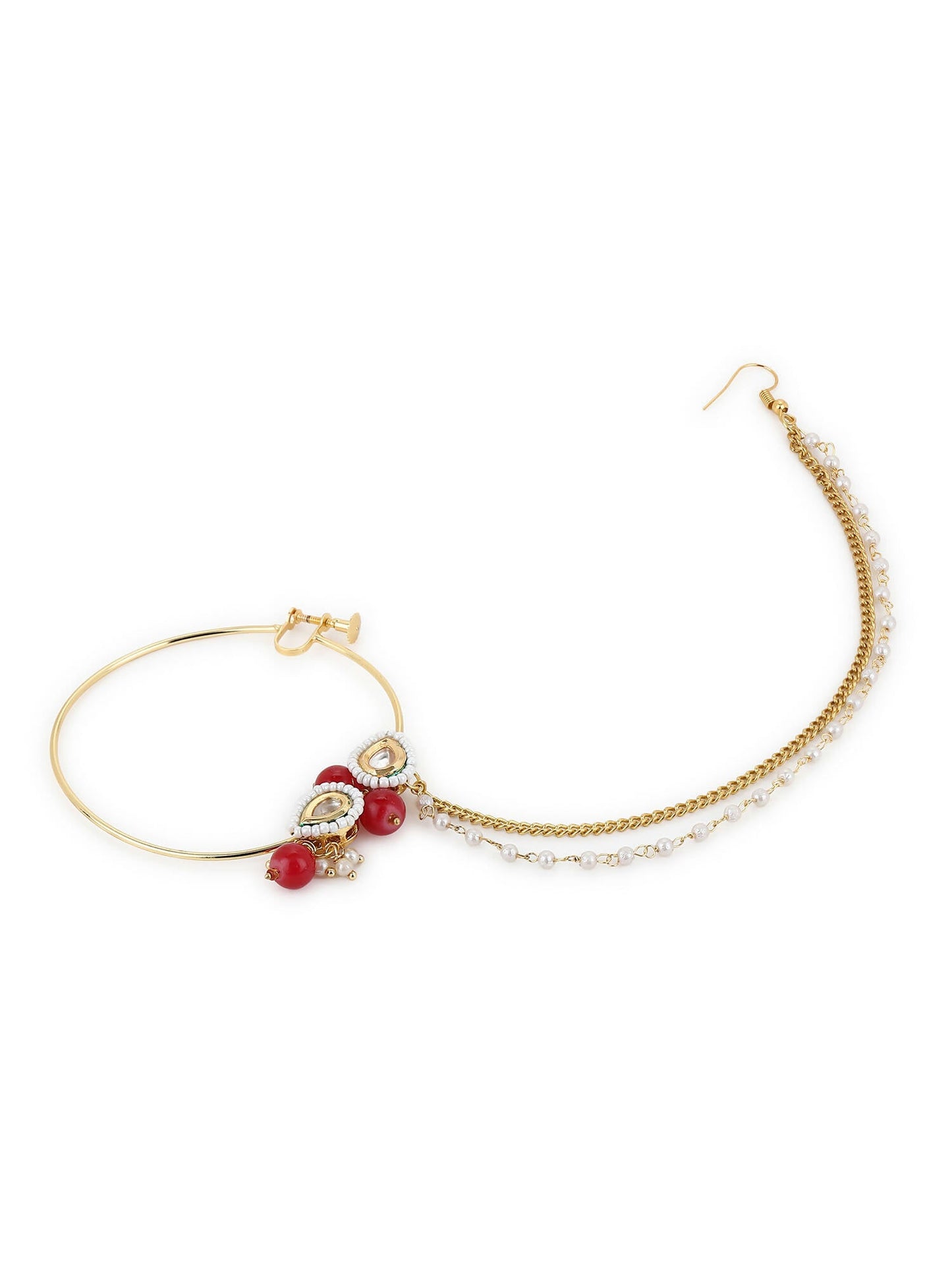 Gold-Pleated Red White Kundan Studded Beaded Nosepin - Ruby Raang | Swadesiicart