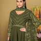 Jyoti Fashion Women's Olive Green Georgette Embroidered Anarkali Kurta Pant Set With Dupatta | Swadesiicart