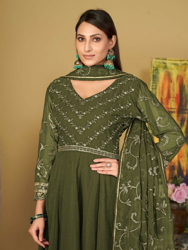 Jyoti Fashion Women's Olive Green Georgette Embroidered Anarkali Kurta Pant Set With Dupatta | Swadesiicart