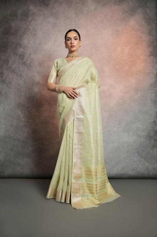 Vishnu Weaves Women's Pista Tissue Linen Zari Woven Saree with Blouse - Swadesiicart