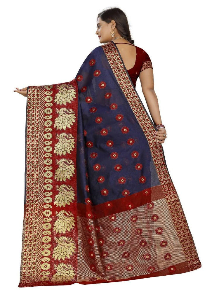 Vamika Banarasi Cotton Silk Navy Blue & Red Weaving Saree | Swadesiicart